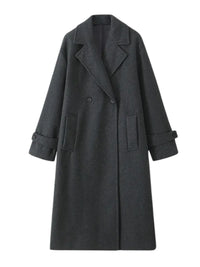 Thumbnail for Long dark grey oversized coat with pockets and a turn down collar on a white background