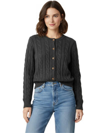 Thumbnail for Woman wearing a dark grey cable knit cardigan with brown buttons and blue jeans on a white background