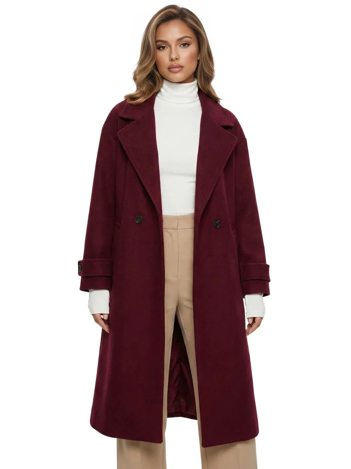 Woman wearing a long wine red oversized double breasted coat with pockets and turn down collar on a white background.