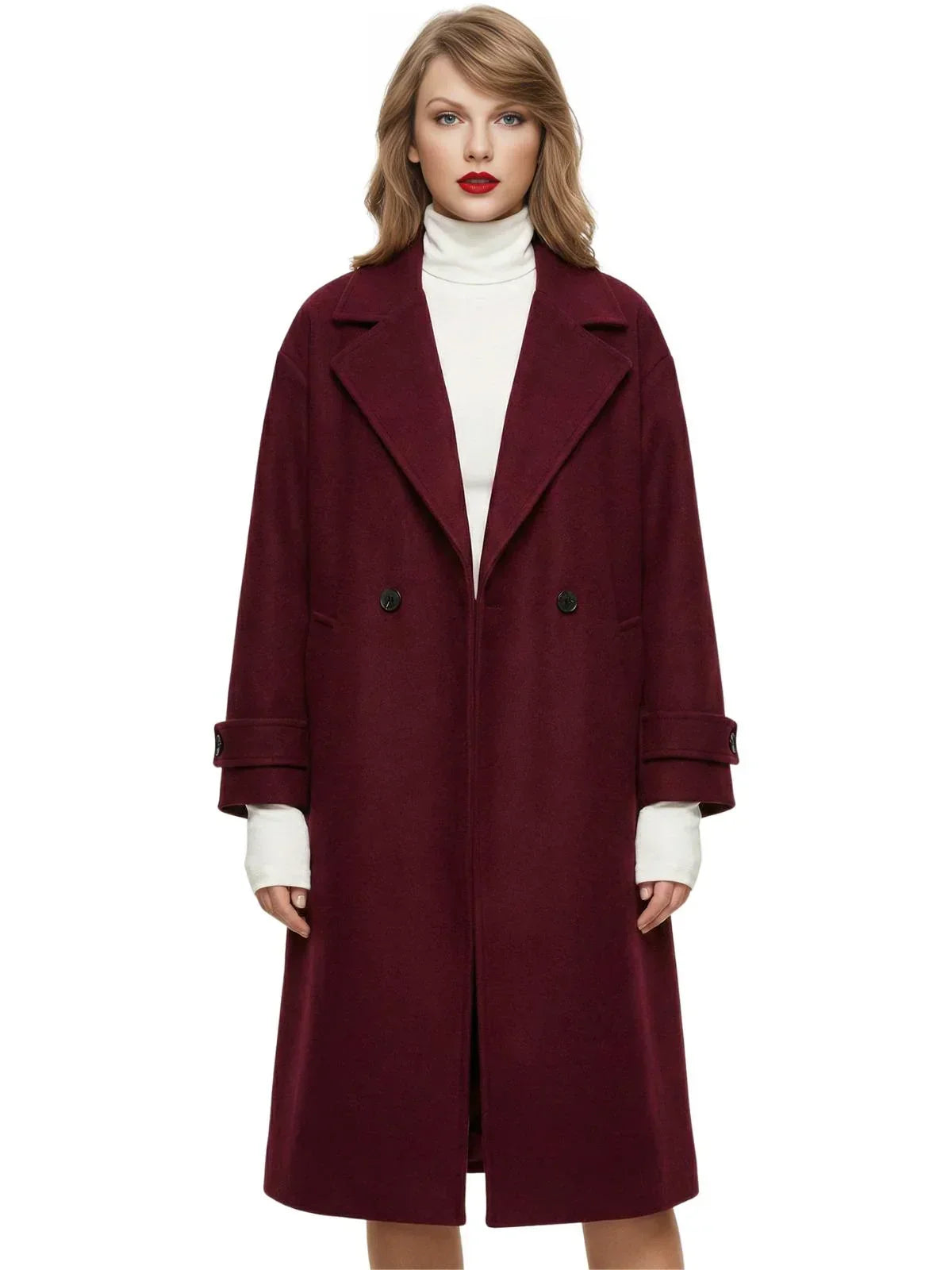 Woman wearing a long wine red oversized double breasted coat with pockets and turn down collar on a white background.