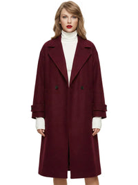 Thumbnail for Woman wearing a long wine red oversized double breasted coat with pockets and turn down collar on a white background.