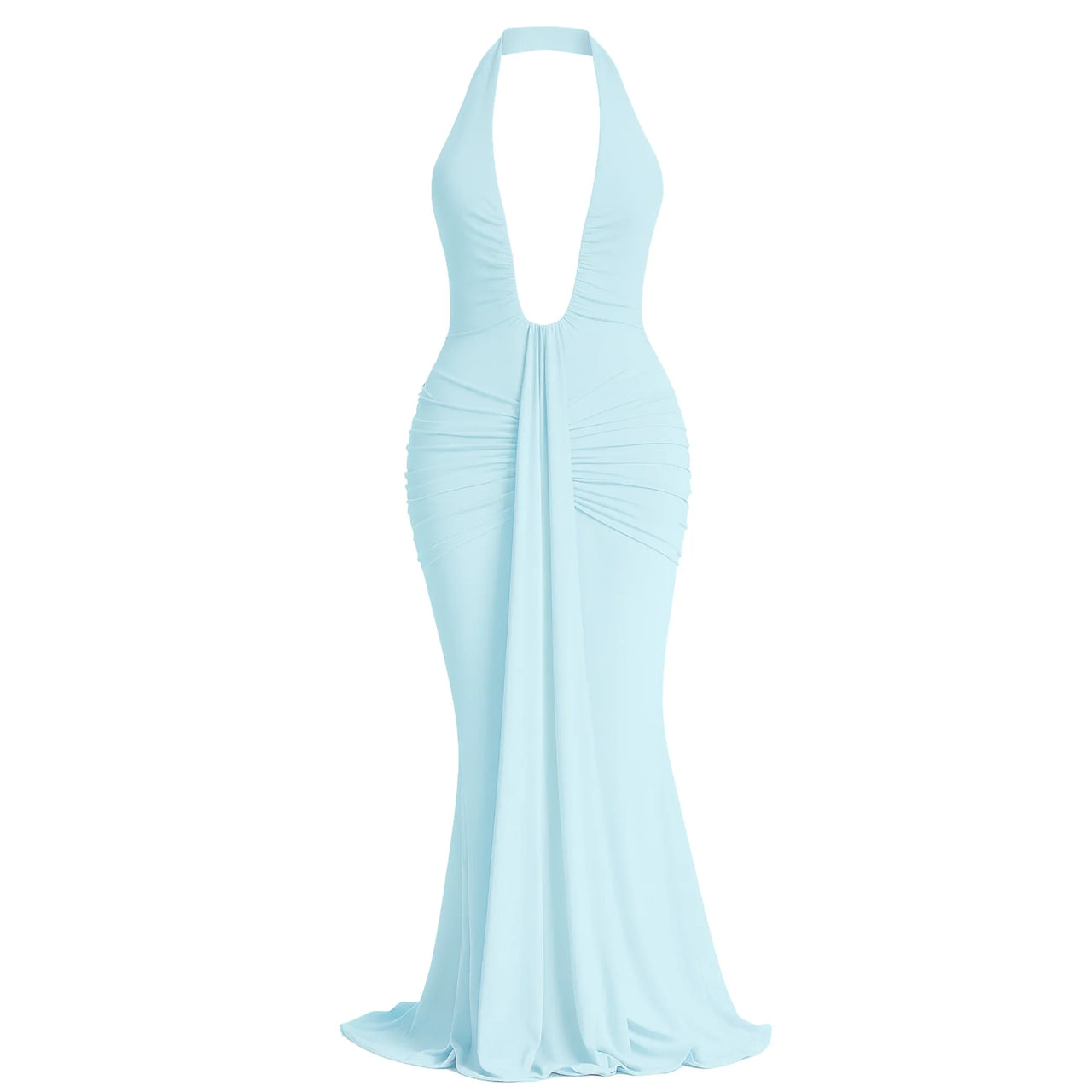 Light blue halter neck gown on a white background