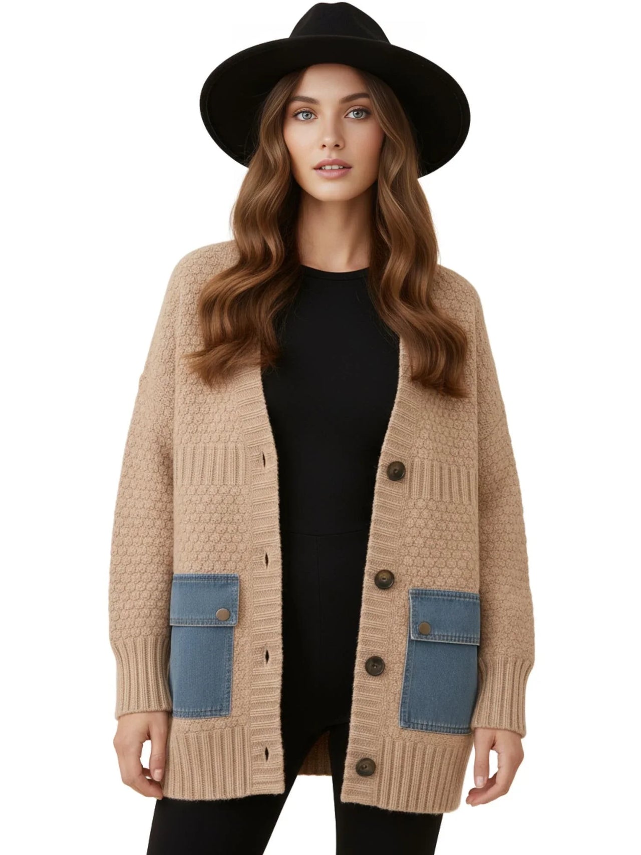 Denim Patchwork Knitted Sweaters Women Single Breasted Loose Irregular Cardigan Female Clothing Autumn Winter