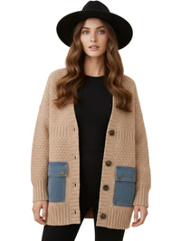 Thumbnail for Denim Patchwork Knitted Sweaters Women Single Breasted Loose Irregular Cardigan Female Clothing Autumn Winter