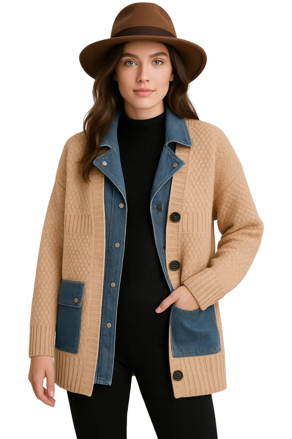 Woman wearing a khaki cardigan with denim accents and a brown hat on a white background