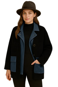 Thumbnail for Woman wearing a black sweater coat with blue denim accents and a brown hat on a white background