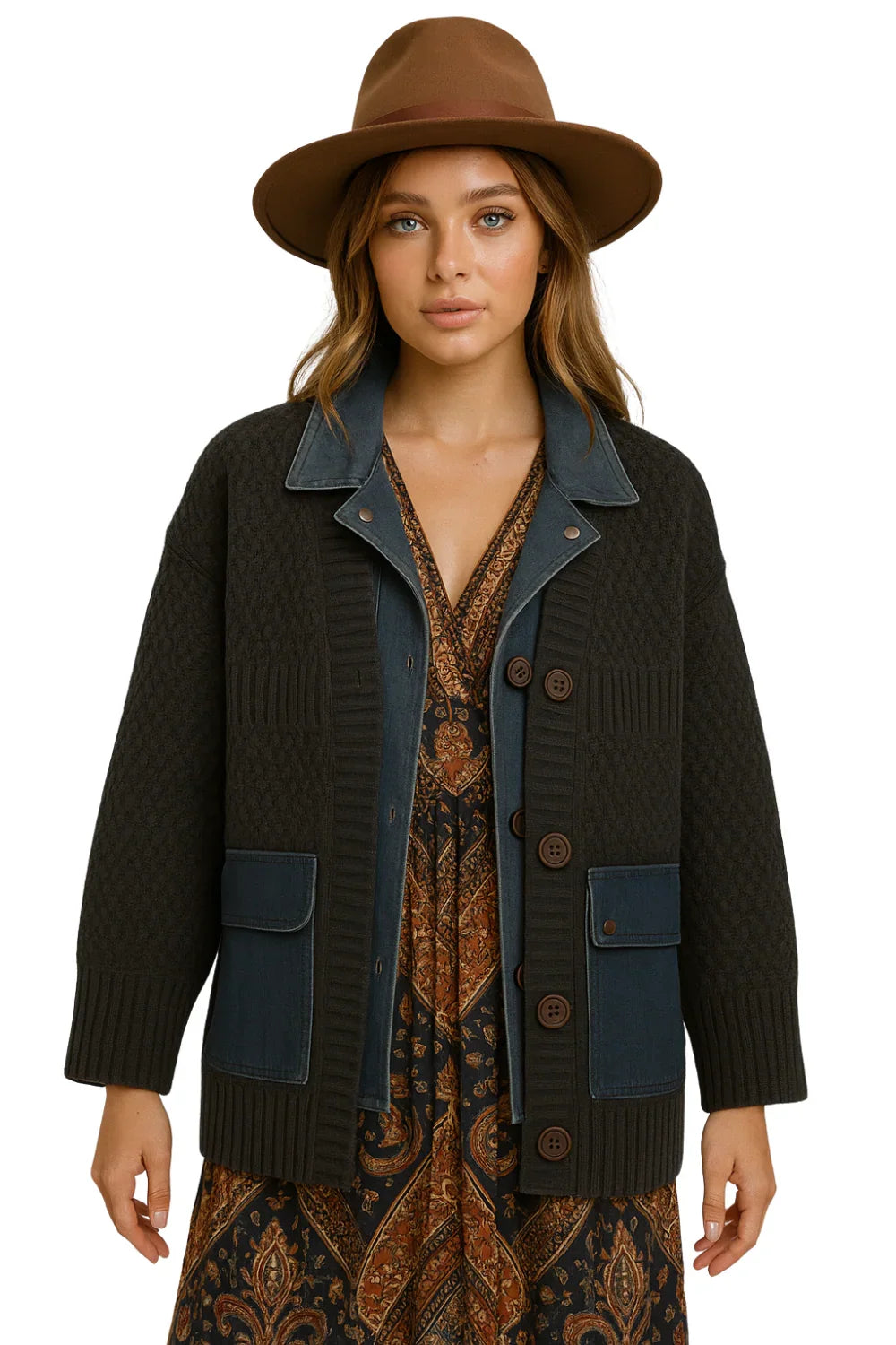 Woman wearing a dark gray cardigan with blue denim accents and a brown hat on a white background