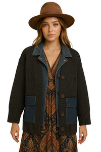 Thumbnail for Woman wearing a dark gray cardigan with blue denim accents and a brown hat on a white background