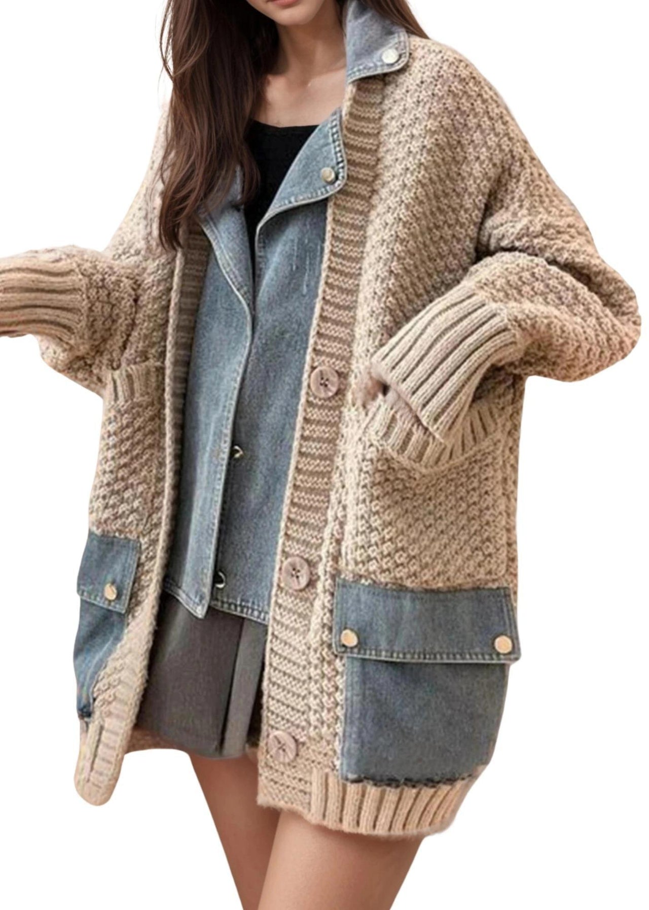 Denim Patchwork Knitted Sweaters Women Single Breasted Loose Irregular Cardigan Female Clothing Autumn Winter, Drestiny, Denim Patchwork Sweater, Denim Sweater Women, Denim Shirt Cardigan, Denim Jacket Cardigan, One Size, Light Grey, Brown, Black, Dark Grey, Khaki, Sweaters, Cardigans, Long Sleeves, United States, USA, Canada, Australia, New Zealand, United Kingdom, Blue, UK, Shopdrestiny.com