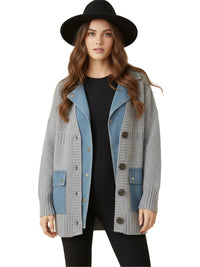 Thumbnail for Denim Patchwork Knitted Sweaters Women Single Breasted Loose Irregular Cardigan Female Clothing Autumn Winter