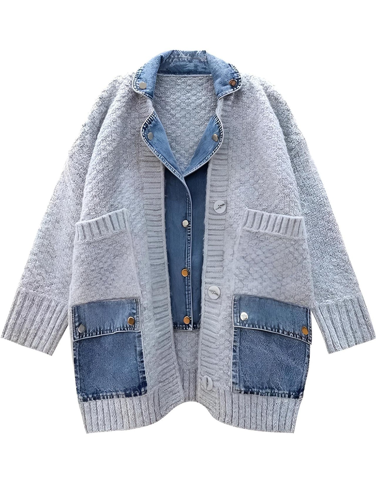 Denim Patchwork Knitted Sweaters Women Single Breasted Loose Irregular Cardigan Female Clothing Autumn Winter, Drestiny, Denim Patchwork Sweater, Denim Sweater Women, Denim Shirt Cardigan, Denim Jacket Cardigan, One Size, Light Grey, Brown, Black, Dark Grey, Khaki, Sweaters, Cardigans, Long Sleeves, United States, USA, Canada, Australia, New Zealand, United Kingdom, Blue, UK, Shopdrestiny.com