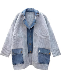 Thumbnail for Denim Patchwork Knitted Sweaters Women Single Breasted Loose Irregular Cardigan Female Clothing Autumn Winter, Drestiny, Denim Patchwork Sweater, Denim Sweater Women, Denim Shirt Cardigan, Denim Jacket Cardigan, One Size, Light Grey, Brown, Black, Dark Grey, Khaki, Sweaters, Cardigans, Long Sleeves, United States, USA, Canada, Australia, New Zealand, United Kingdom, Blue, UK, Shopdrestiny.com
