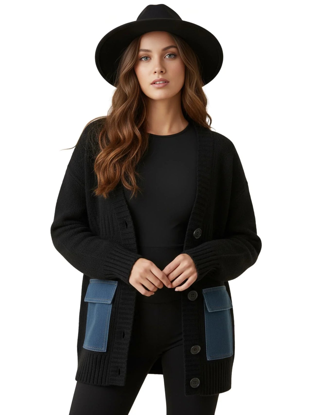 Denim Patchwork Knitted Sweaters Women Single Breasted Loose Irregular Cardigan Female Clothing Autumn Winter