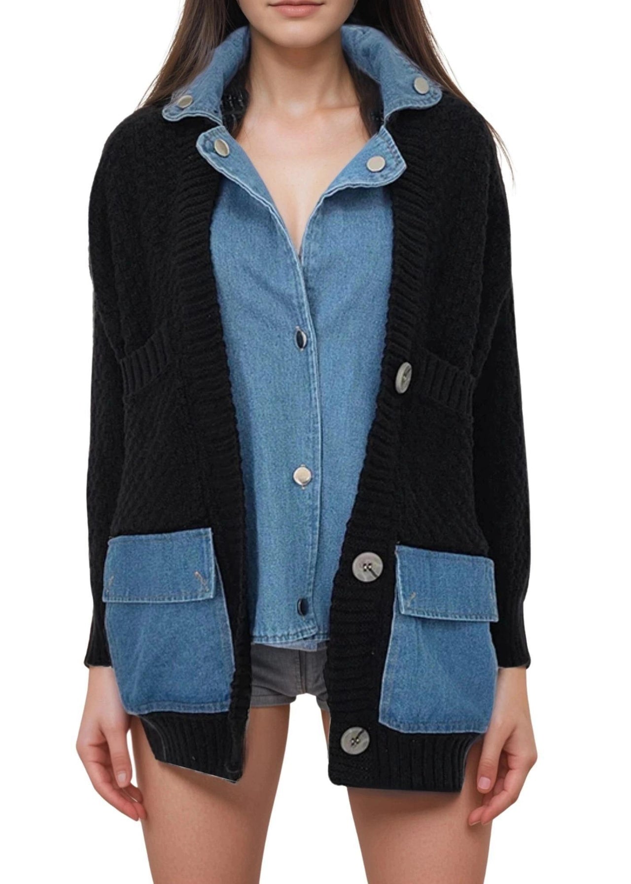 Denim Patchwork Knitted Sweaters Women Single Breasted Loose Irregular Cardigan Female Clothing Autumn Winter, Drestiny, Denim Patchwork Sweater, Denim Sweater Women, Denim Shirt Cardigan, Denim Jacket Cardigan, One Size, Light Grey, Brown, Black, Dark Grey, Khaki, Sweaters, Cardigans, Long Sleeves, United States, USA, Canada, Australia, New Zealand, United Kingdom, Blue, UK, Shopdrestiny.com