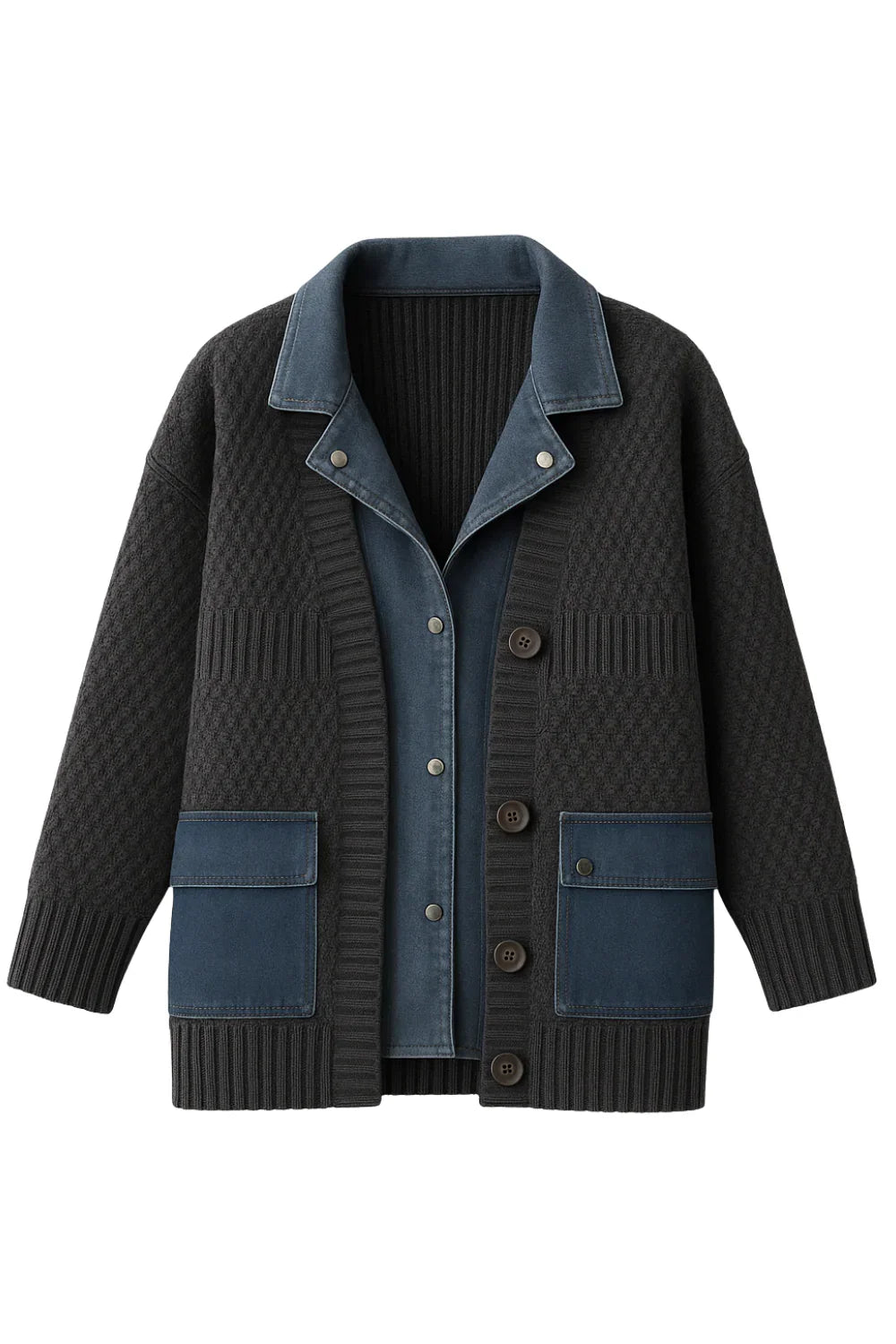 Denim Patchwork Knitted Sweaters Women Single Breasted Loose Irregular Cardigan Female Clothing Autumn Winter