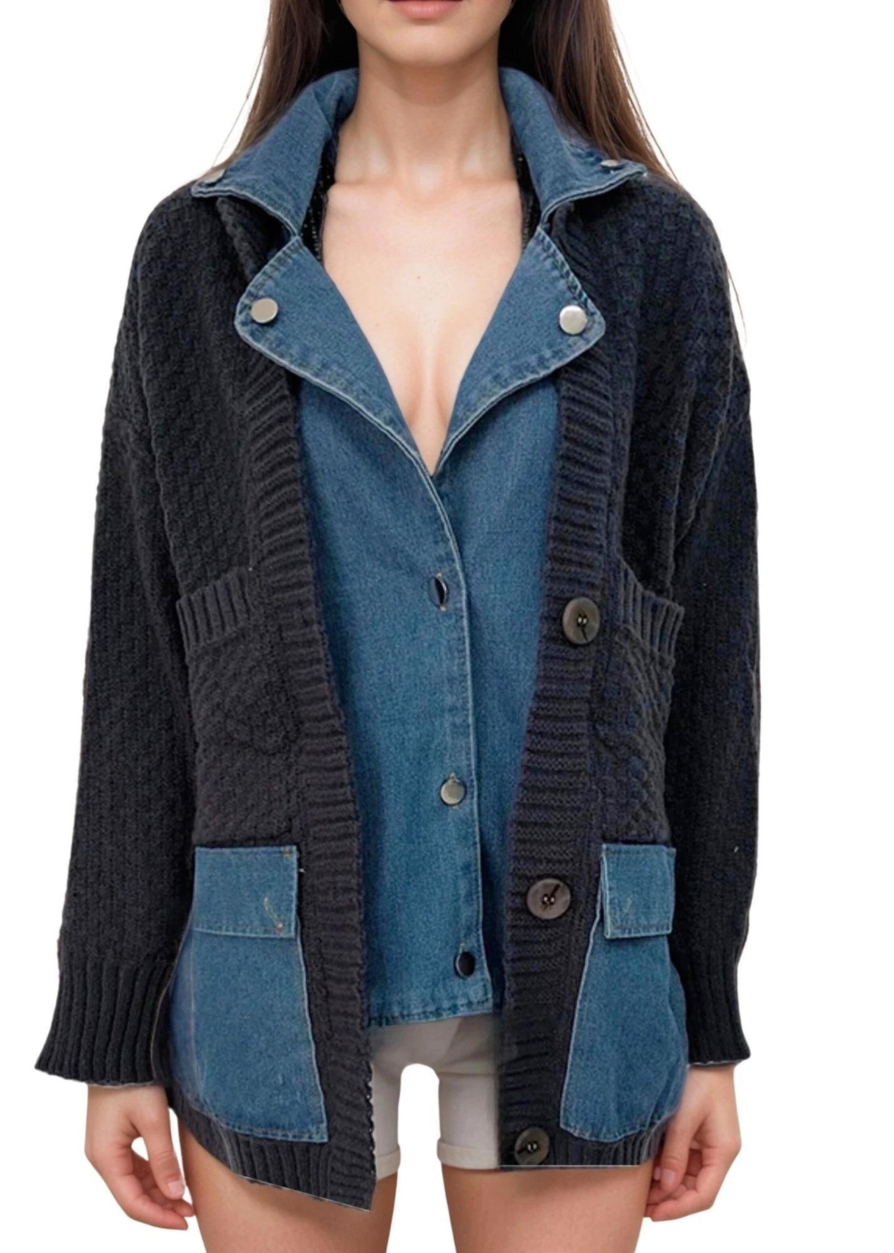 Denim Patchwork Knitted Sweaters Women Single Breasted Loose Irregular Cardigan Female Clothing Autumn Winter, Drestiny, Denim Patchwork Sweater, Denim Sweater Women, Denim Shirt Cardigan, Denim Jacket Cardigan, One Size, Light Grey, Brown, Black, Dark Grey, Khaki, Sweaters, Cardigans, Long Sleeves, United States, USA, Canada, Australia, New Zealand, United Kingdom, Blue, UK, Shopdrestiny.com