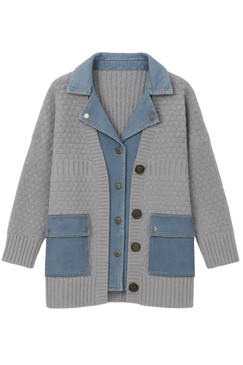 Denim Patchwork Knitted Sweaters Women Single Breasted Loose Irregular Cardigan Female Clothing Autumn Winter