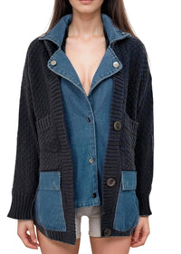 Thumbnail for Denim Patchwork Knitted Sweaters Women Single Breasted Loose Irregular Cardigan Female Clothing Autumn Winter, Drestiny, Denim Patchwork Sweater, Denim Sweater Women, Denim Shirt Cardigan, Denim Jacket Cardigan, One Size, Light Grey, Brown, Black, Dark Grey, Khaki, Sweaters, Cardigans, Long Sleeves, United States, USA, Canada, Australia, New Zealand, United Kingdom, Blue, UK, Shopdrestiny.com