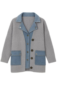 Thumbnail for Denim Patchwork Knitted Sweaters Women Single Breasted Loose Irregular Cardigan Female Clothing Autumn Winter