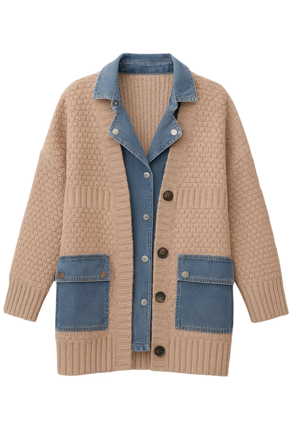 Denim Patchwork Knitted Sweaters Women Single Breasted Loose Irregular Cardigan Female Clothing Autumn Winter