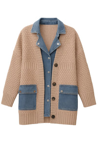 Thumbnail for Denim Patchwork Knitted Sweaters Women Single Breasted Loose Irregular Cardigan Female Clothing Autumn Winter
