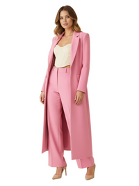 Thumbnail for Woman wearing a pink suit with a white top on a white background