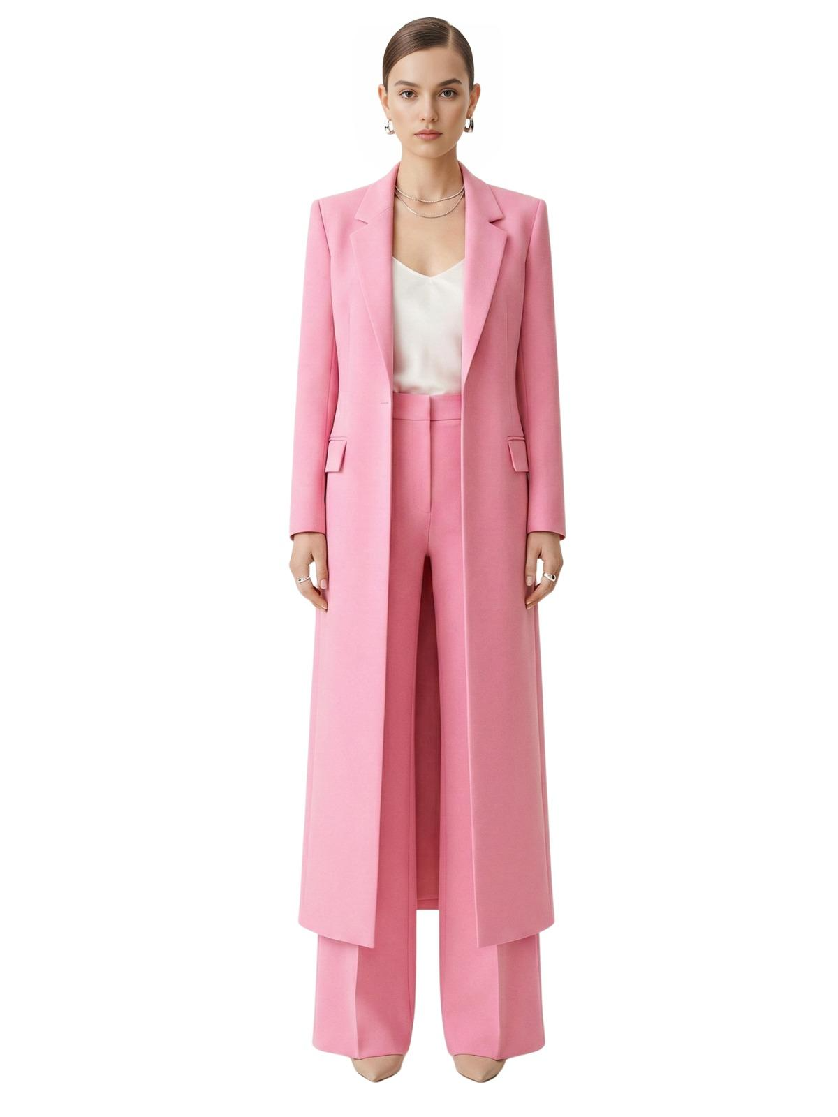 Woman wearing a pink suit on a white background