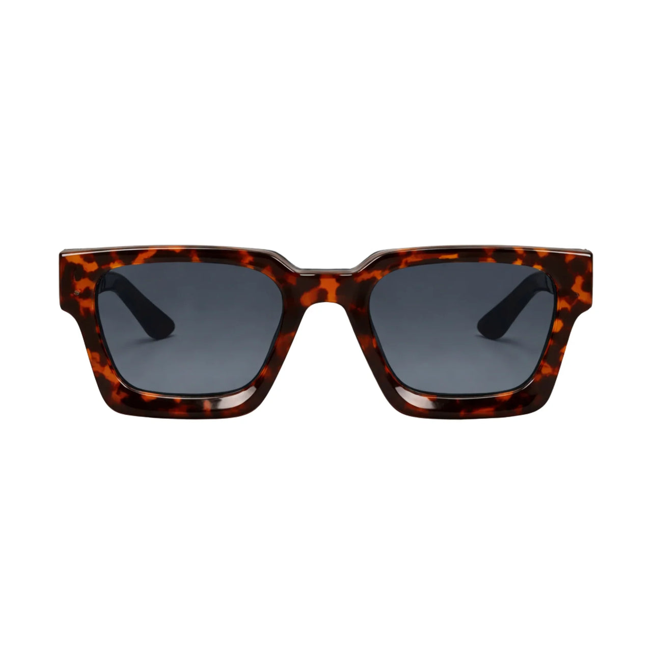 Sunglasses with tortoiseshell frame and dark lenses on a white background