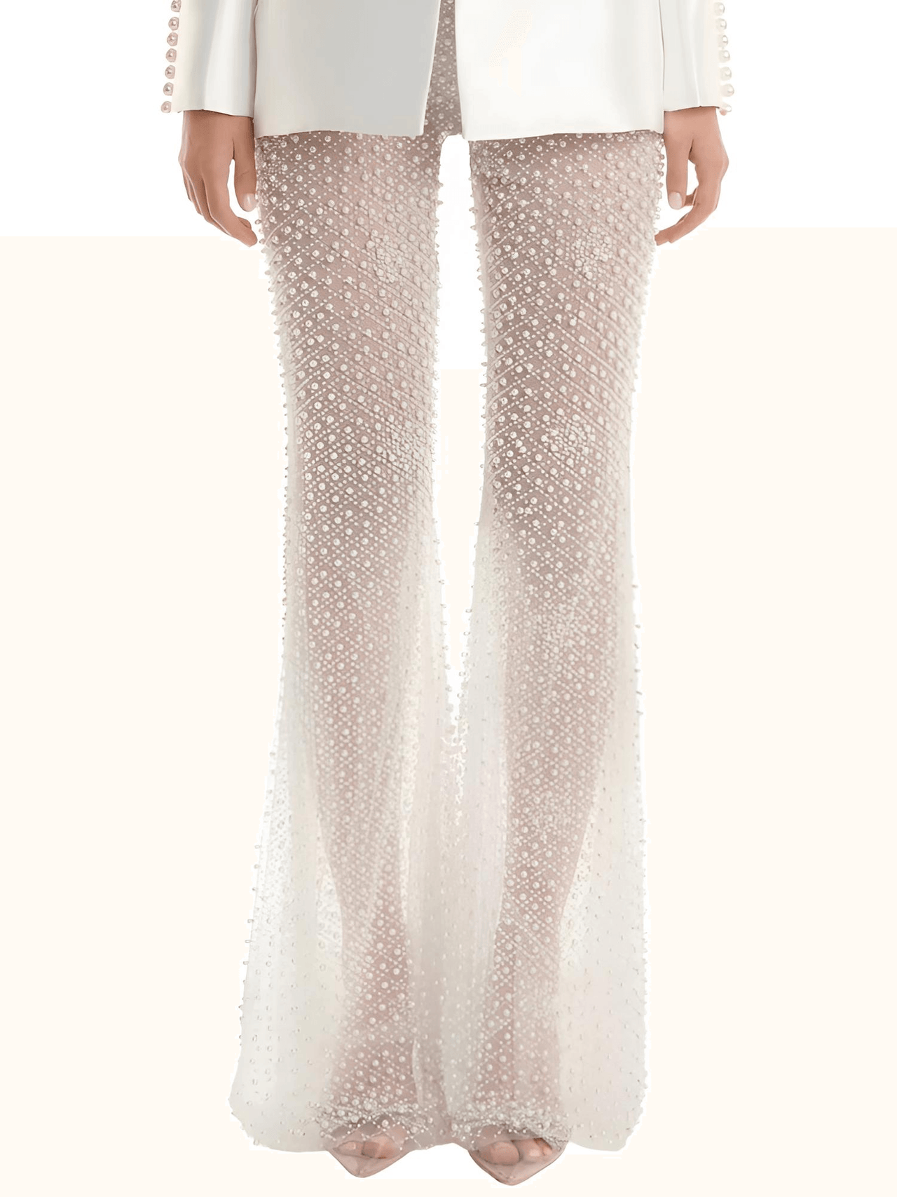 Designer Runway Fashion Women's Hollow Out Pearl Beaded Blazer & Gauze Pants -, Pant Suits , Drestiny , Australia, Black, Blazers, Canada, Dress Pants, Jackets, L, Long Sleeves, M, New Zealand, Pant Sets, Pant Suits, S, Sets, United Kingdom, United States, White, XL, XXL , Drestiny , www.shopdrestiny.com