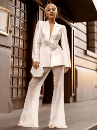 Thumbnail for Designer Runway Fashion Women's Hollow Out Pearl Beaded Blazer & Gauze Pants -, Pant Suits , Drestiny , Australia, Black, Blazers, Canada, Dress Pants, Jackets, L, Long Sleeves, M, New Zealand, Pant Sets, Pant Suits, S, Sets, United Kingdom, United States, White, XL, XXL , Drestiny , www.shopdrestiny.com
