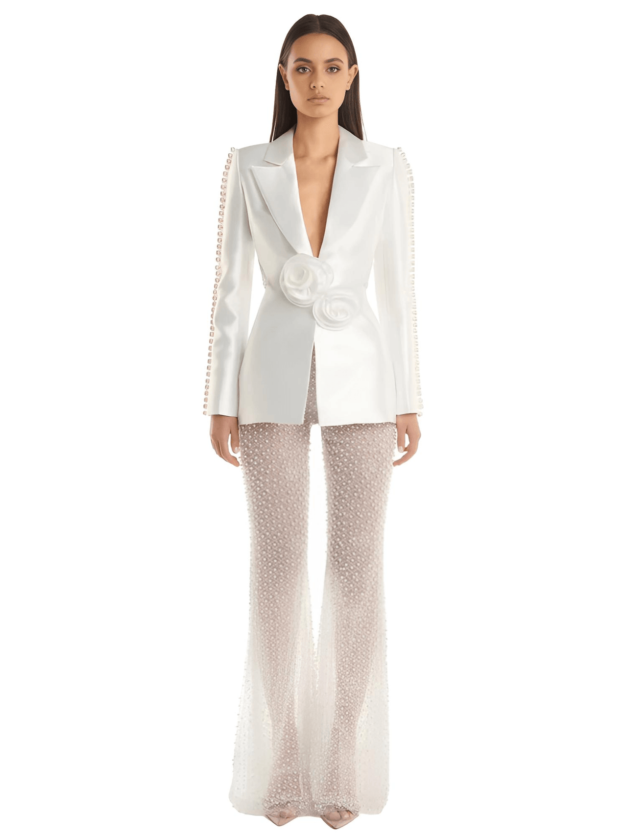 Designer Runway Fashion Women's Hollow Out Pearl Beaded Blazer & Gauze Pants -, Pant Suits , Drestiny , Australia, Black, Blazers, Canada, Dress Pants, Jackets, L, Long Sleeves, M, New Zealand, Pant Sets, Pant Suits, S, Sets, United Kingdom, United States, White, XL, XXL , Drestiny , www.shopdrestiny.com