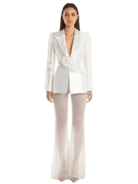 Thumbnail for Designer Runway Fashion Women's Hollow Out Pearl Beaded Blazer & Gauze Pants -, Pant Suits , Drestiny , Australia, Black, Blazers, Canada, Dress Pants, Jackets, L, Long Sleeves, M, New Zealand, Pant Sets, Pant Suits, S, Sets, United Kingdom, United States, White, XL, XXL , Drestiny , www.shopdrestiny.com