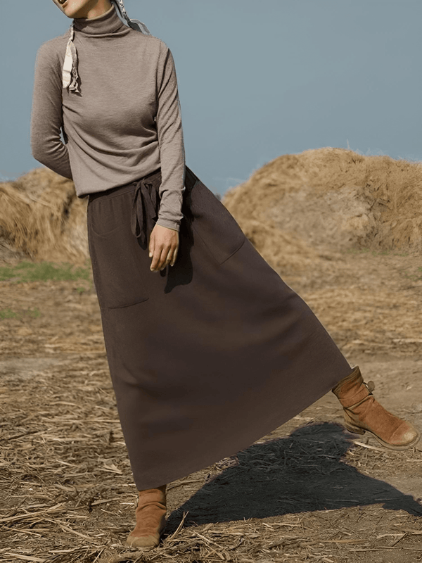 Drestiny-100% Cashmere Wool High Waist Long Skirt With Pockets
