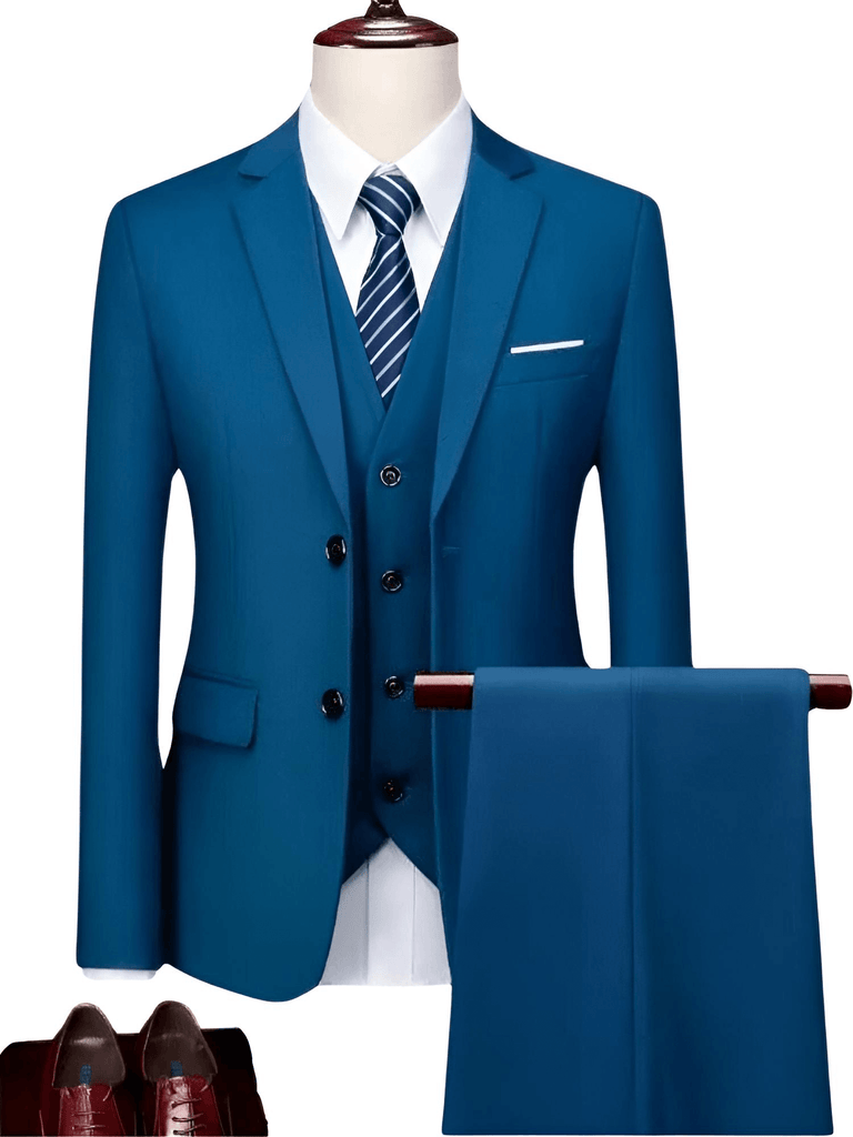 Luxury 3 Piece Single Breasted Lake Blue Suits For Men
