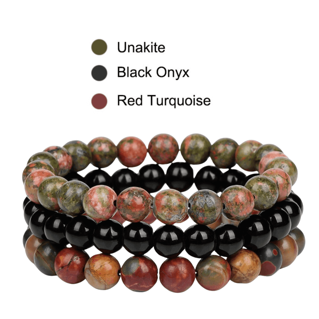 8mm Natural Stone Bracelet Unakite - Black Onyx - Red Turquoise 3 Piece Set