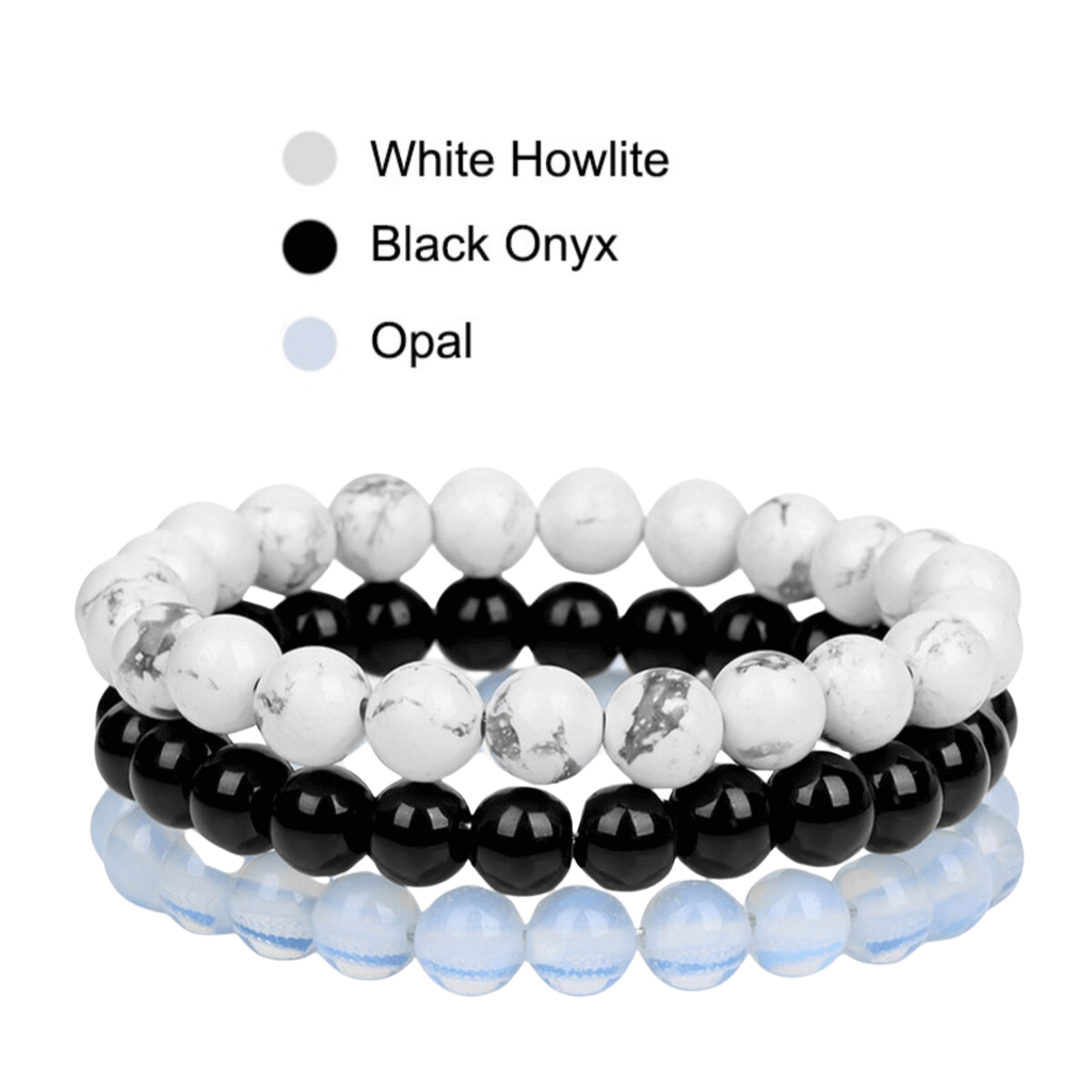 8mm Natural Stone Bracelet White Howlite - Black Onyx - Opal 3 Piece Set