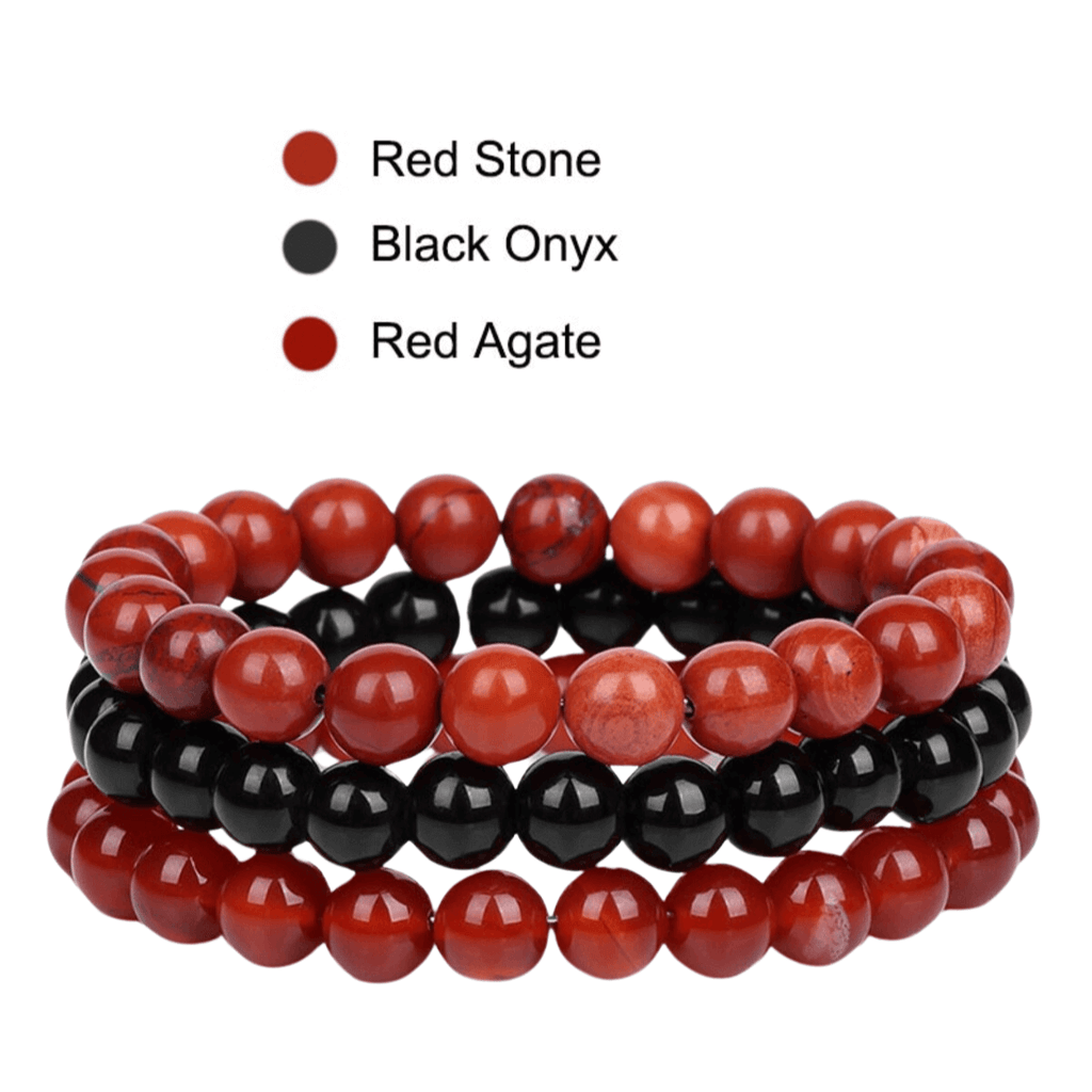 8mm Natural Stone Bracelet Red Stone - Black Onyx - Red Agate 3 Piece Set