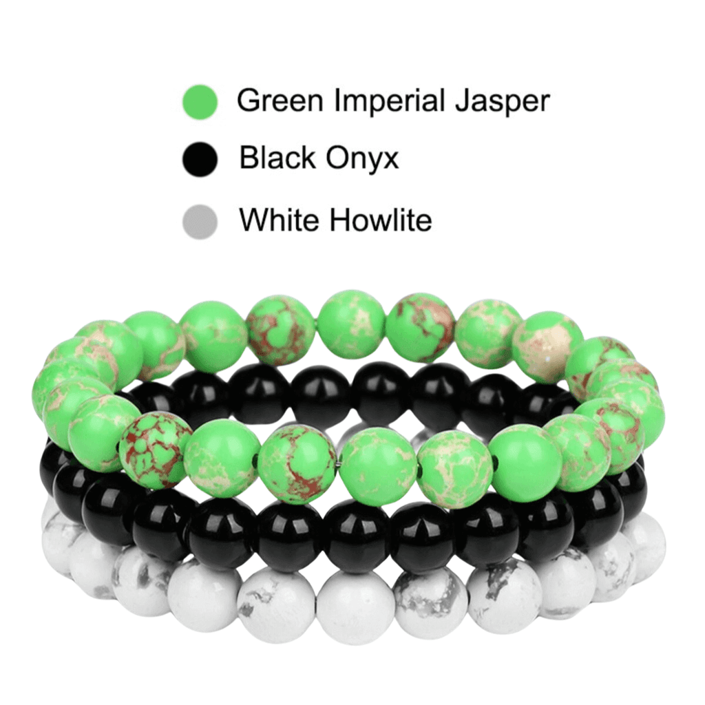 8mm Natural Stone Bracelet Green Imperial Jasper - Black Onyx - White Howlite 3 Piece Set