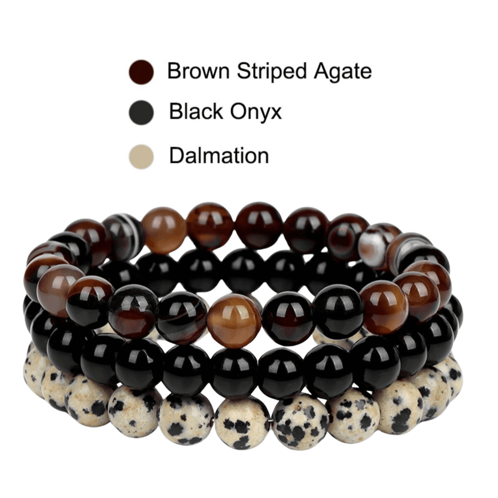 8mm Natural Stone Bracelet Brown Striped Agate - Black Onyx - Dalmation Stone 3 Piece Set