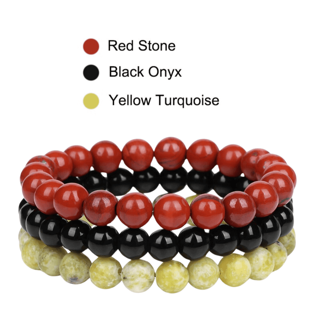 8mm Natural Stone Bracelet Red Stone - Black Onyx - Yellow Turquoise 3 Piece Set