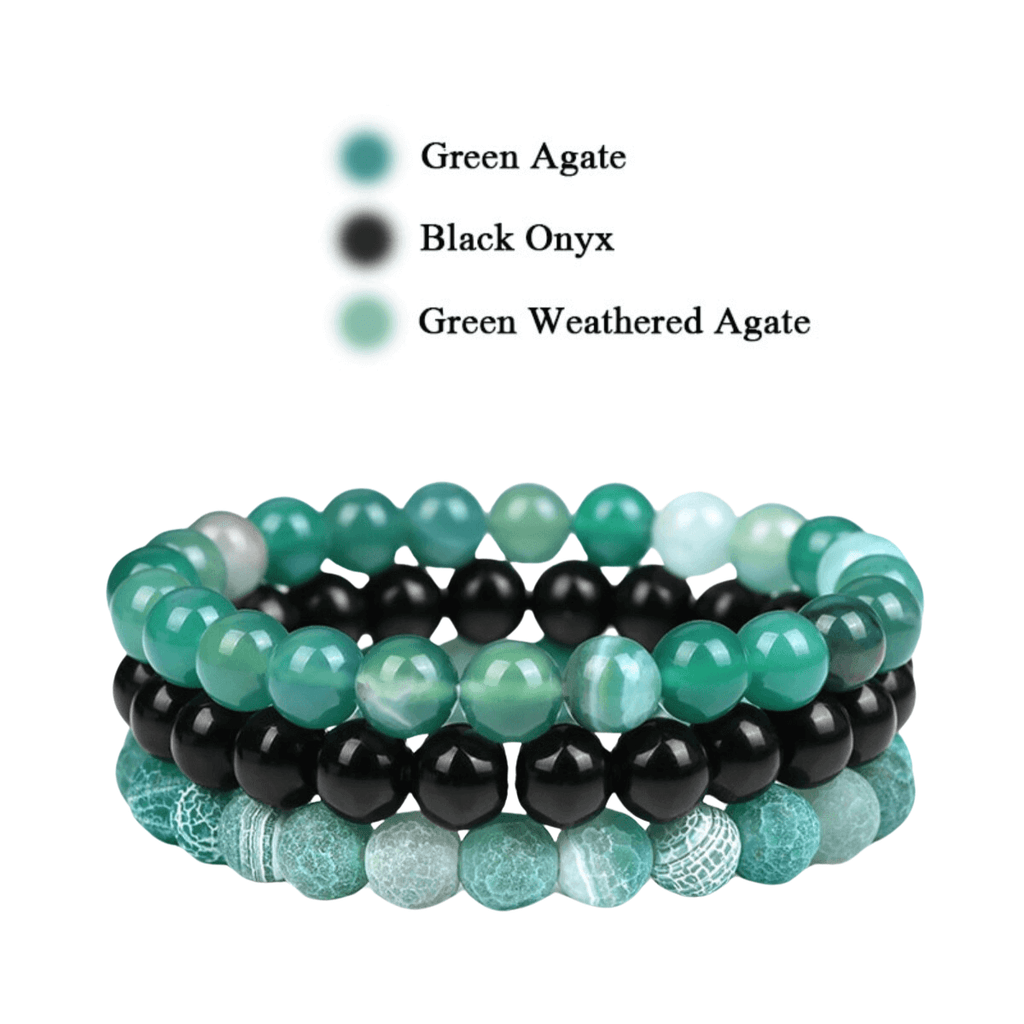 8mm Natural Stone Bracelet Green Agate - Black Onyx - Green Weathered Agate 3 Piece Set