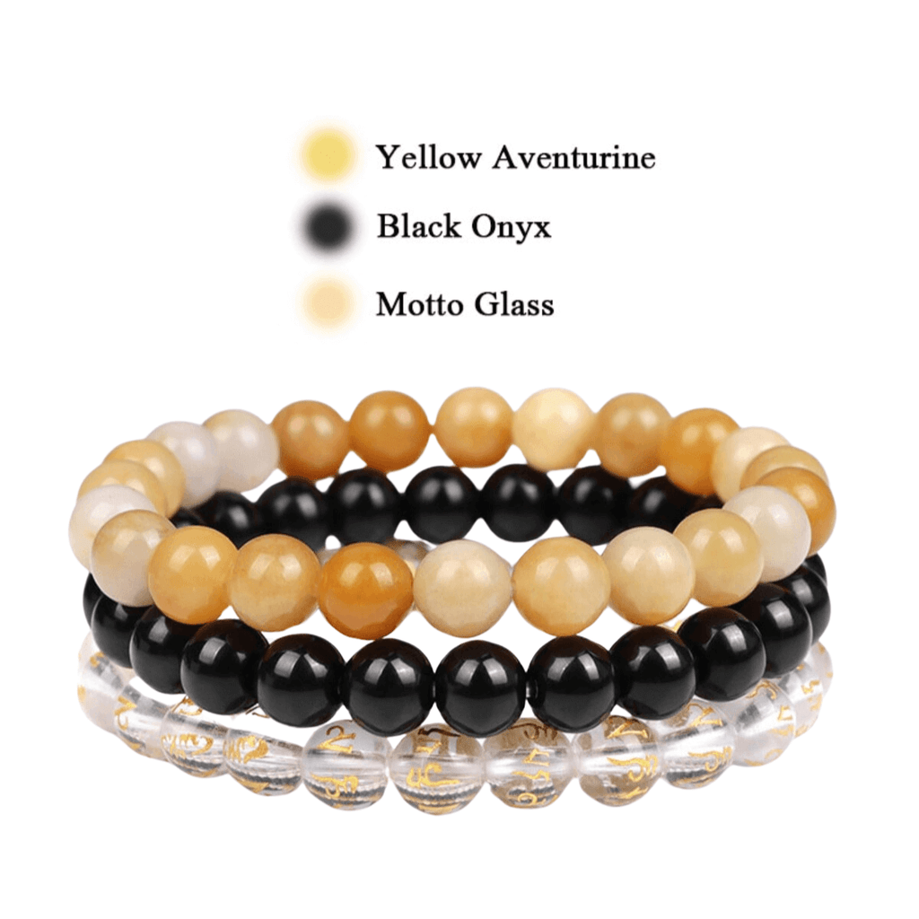 8mm Natural Stone Bracelet Yellow Aventurine Black Onyx Motto Glass 3 Piece Set