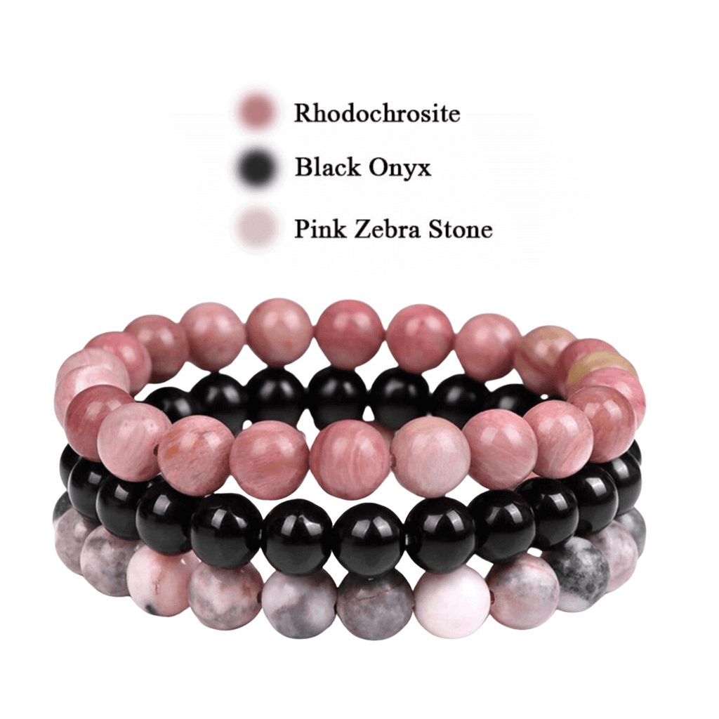 8mm Natural Stone Bracelet Rhodochrosite Black Onyx Pink Zebra Stone 3 Piece Set