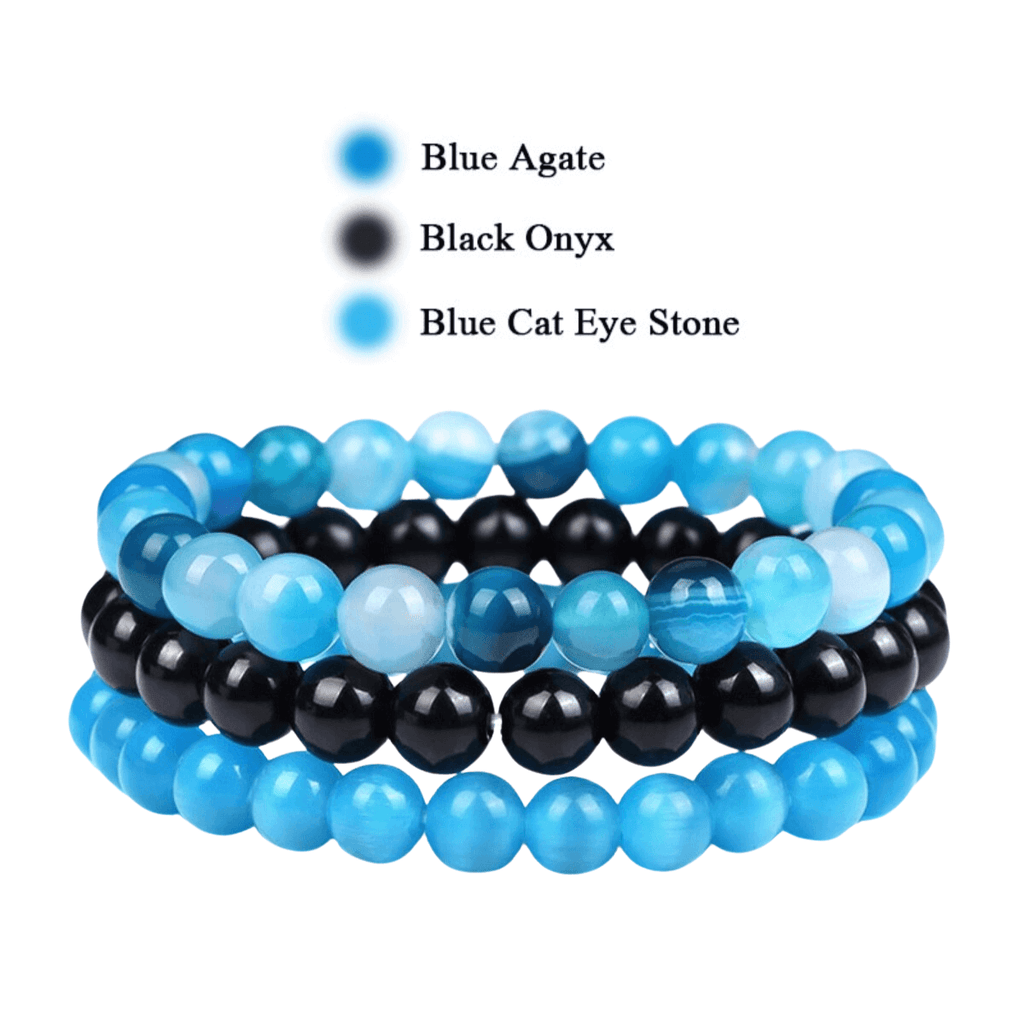 8mm Natural Stone Bracelet Blue Agate - Black Onyx - Blue Cat Eye Stone 3 Piece Set