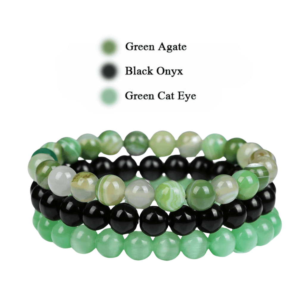 8mm Natural Stone Bracelet Green Agate - Black Onyx - Green Cat Eye 3 Piece Set