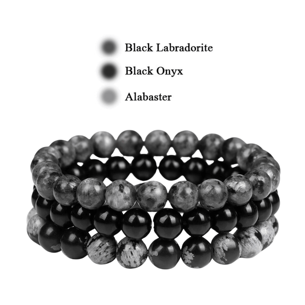 8mm Natural Stone Bracelet - Black Labradorite - Black Onyx - Alabaster 3 Piece Set