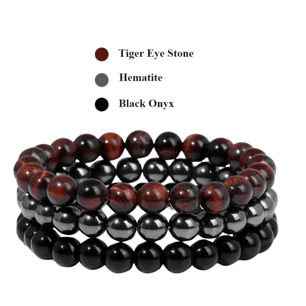 8mm Natural Stone Bracelet Tiger Eye Stone - Hematite - Black Onyx 3 Piece Set