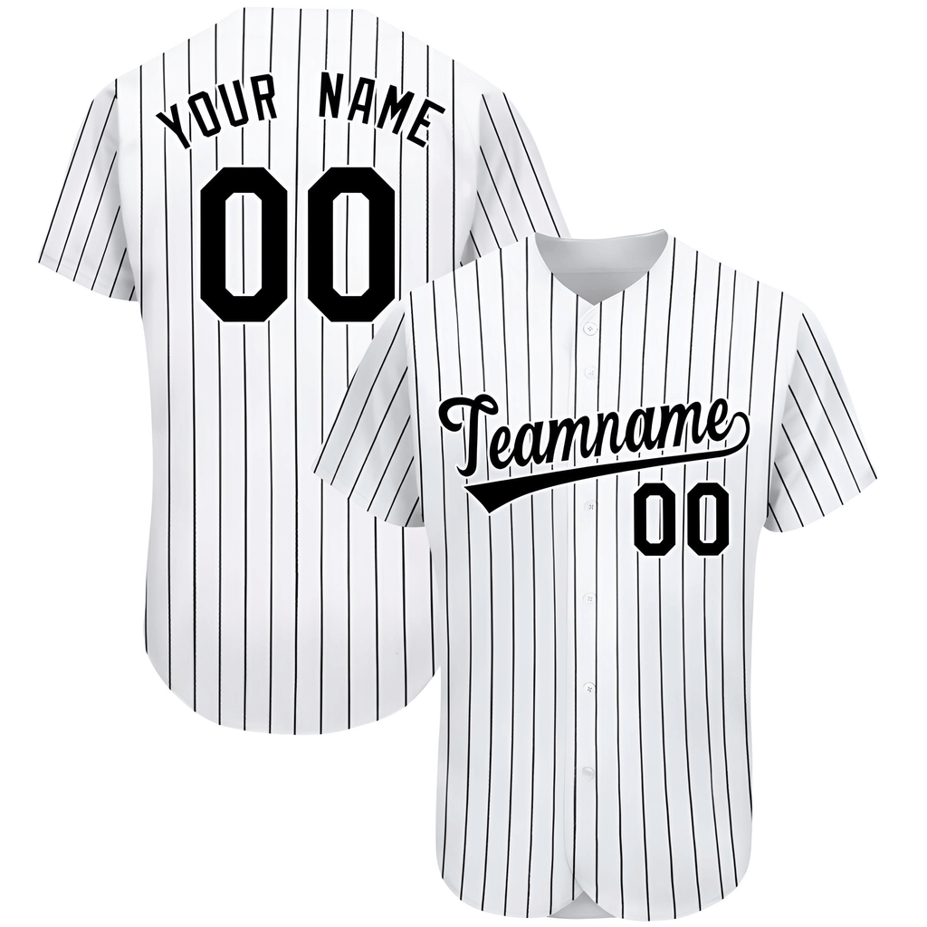 Get your custom white striped baseball jerseys at Drestiny with free shipping and tax covered! Save up to 50% now.