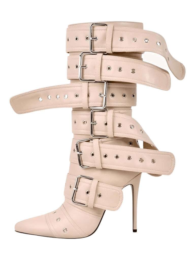 Drestiny-Apricot-Pointed Toe Stiletto Mid-Calf Boots For Women With Buckle Straps
