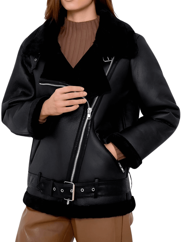 Drestiny-Faux Lamb Black Leather Jacket Women